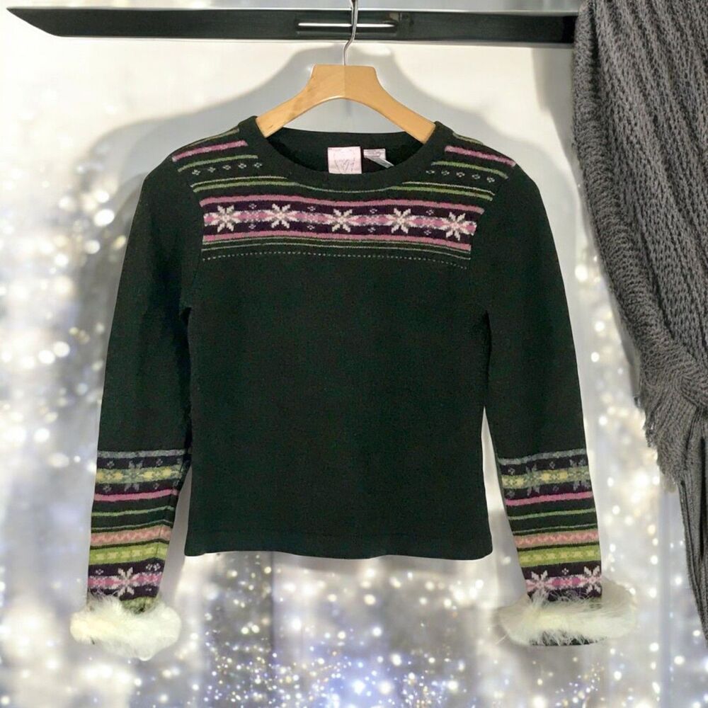 WOOL Vintage 90's Green Crew Neck Sweater Removable White Rabbit Fur Cuffs Sz L